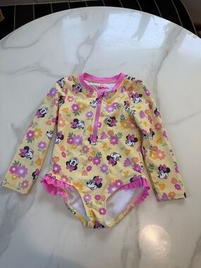 Carter's Yellow Floral Minnie Long-Sleeve One-Piece Swimsuit with Pink Trim